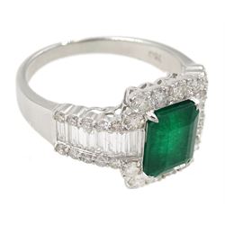 18ct white gold emerald, baguette and round brilliant cut diamond ring, stamped 750, emerald approx 1.85 carat, total diamond weight approx 1.00 carat