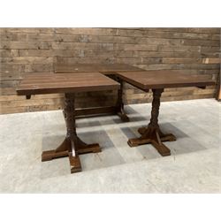 Single oak rectangular table on turned supports joined by a single stretcher (W110cm, D80cm, H75cm) and two similar square pedestal tables (W70cm, D70cm, H76cm) (3)