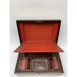 Victorian rosewood vanity box, with scrolling foliate brass inlay and twin brass inset campaign style handles, the hinged cover opening to reveal a gilt tooled interior with divisions, L33cm D22.5cm H13cm