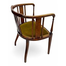 Pair of early 20th century Edwardian inlaid mahogany elbow chairs, shaped top rails with central diamond motif and line inlays, flanked by turned uprights, green velvet seats, on square tapered legs