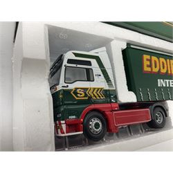 Corgi Eddie Stobart - three lorries; limited edition CC12802 Scania T-Cab Bulk Tipper; limited edition CC13201 DAF XF Super Space Cab Curtainside; and CC13401 MAN TGA Curtainside; all boxed (3)