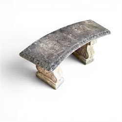 Cast stone three piece garden bench, curved form with detailed top