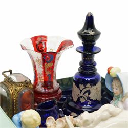 Bevelled glass ormolu jewellery casket, bohemian glass examples, half dolls, beswick items including pig and piglet, Royal Worcester 'Sleepy Boy' figure etc