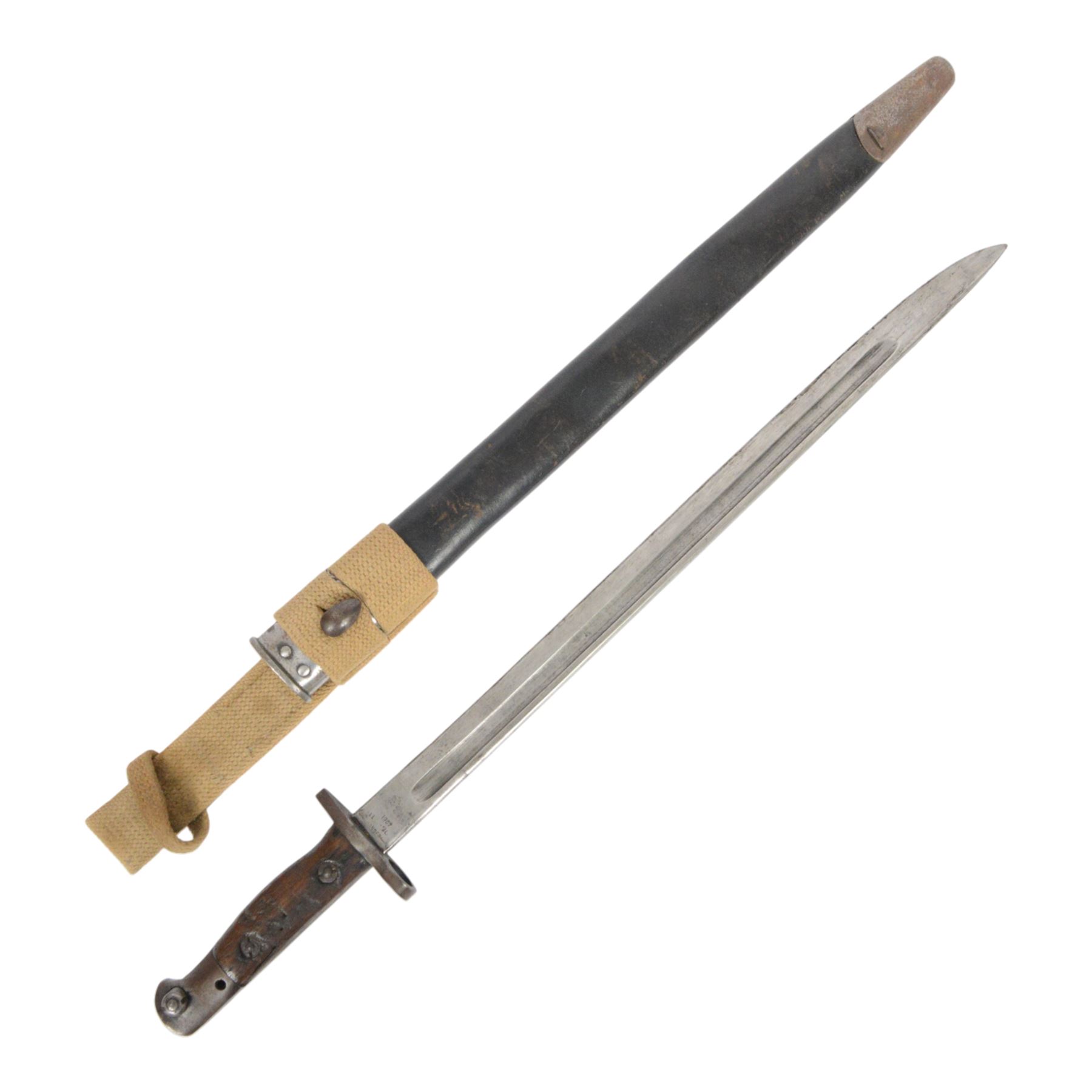 British bayonet, the 44cm blade stamped to the the ricasso Sanders, with wooden two piece grip,  in a steel scabbard with canvas frog, overall L58cm