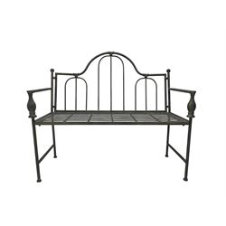 Gothic design black finish wrought metal bench, arched back with turned arm supports