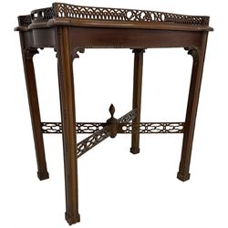 Georgian design mahogany silver table, fretwork gallery tray top, on square moulded supports united by fretwork x-framed stretcher 