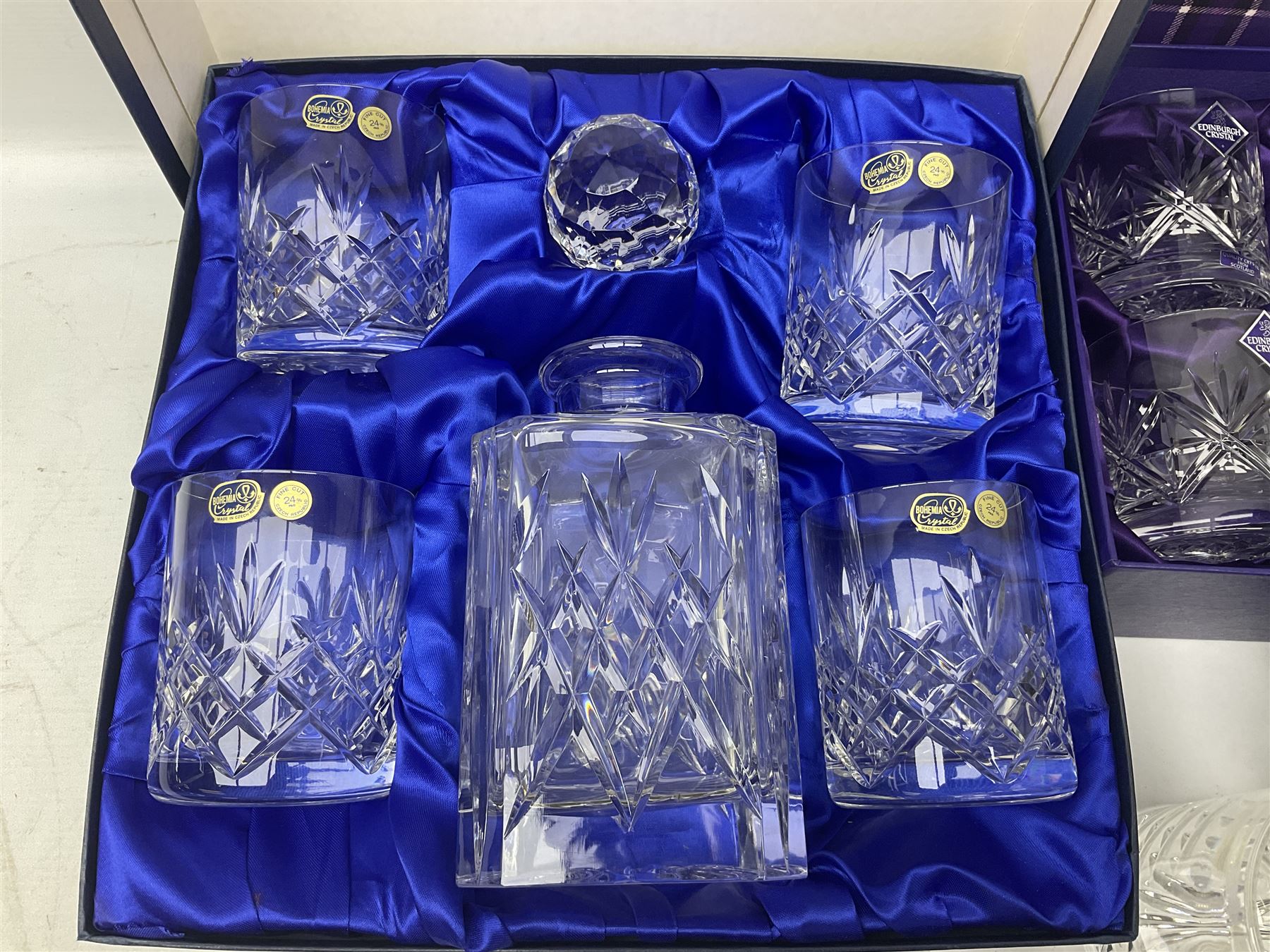 Bohemia Crystal cased decanter and four glasses set, Edinburgh crystal four tumbler set and boxed Edinburgh crystal etched glass