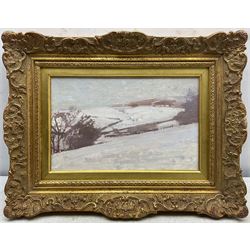 John Sergeant (British 1937-2010): Winter Landscape, oil on artist's board unsigned 19cm x 31cm
Provenance: from the artist's wife Carolyn's studio sale. Born in London, Sergeant moved to Faversham in Kent after his family was bombed out during World War II. He entered the Royal Academy Schools in 1959, where he won a Drawing Prize in 1961. After graduating, Sergeant taught part-time at art schools in Kent and worked on commissions including book jacket designs and a series of ‘room-portraits’ of interiors. He moved to Wales in 1983, and held the first of three exhibitions at the Maas Gallery in Mayfair in 1986. In 1989 the Prince of Wales (now King Charles III) asked Sergeant to contribute drawings to his book Visions of Britain; two years later Sergeant accompanied the Prince on an official visit to Prague, resulting in an exhibition. 