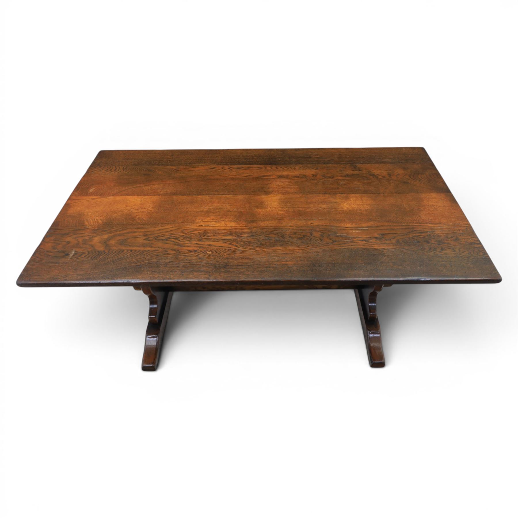 17th century design oak refectory dining table, rectangular table on stretcher base with shaped ends 