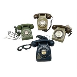 Four telephones with rotary dials, to include an examples marked P.O21057, 1159 and a blue example marked 706 L PX 63/2 with junction box marked G.P.O