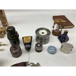 Collection of various ink wells, ink quills, wooden cased magnifying glass and letter opener and other collectables  