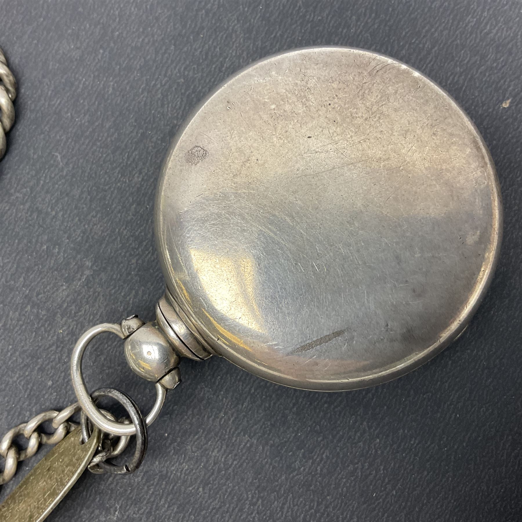Victorian silver pair cased fusee lever pocket watch, No. 6765, cream enamel dial with Roman numerals, case makers mark R.S, Birmingham 1861, on silver Albert chain