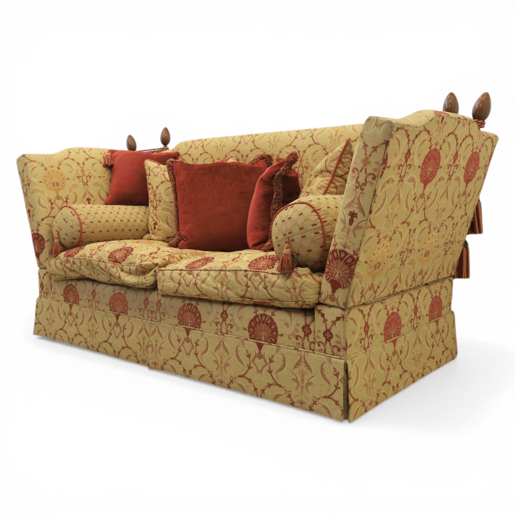 David Grundy - Medium Knoll style drop-arm settee in patterned fabric with eight associated scatter and bolster cushions