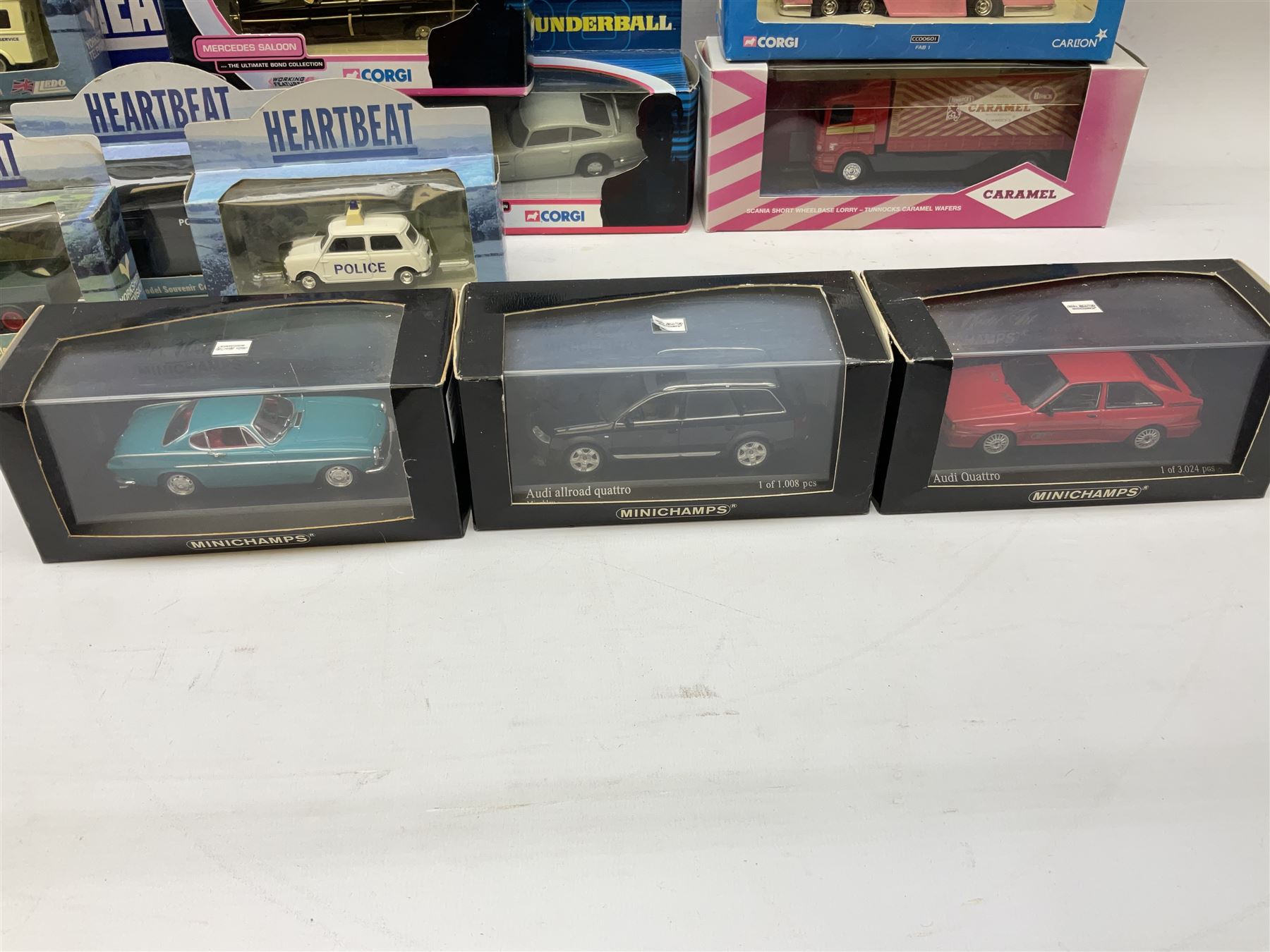 Collection of boxed die-cast model cars, to include Corgi Classics Thunderbirds 'Fab 1', with Lady Penelope and Parker figures, Corgi James Bond Octopussy and Thunderball, Heartbeat vehicles by Lledo and Corgi, Minichamps etc