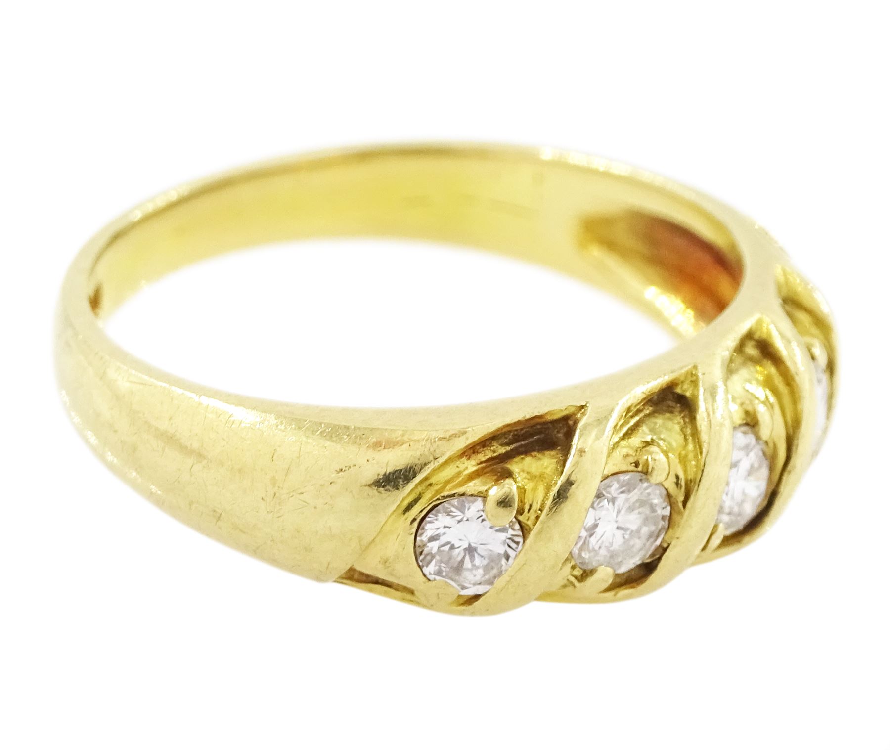 18ct diamond five stone ring, five round brilliant cut diamonds set within a twisted setting, stamped K18 Pt900, total diamond weight approx 0.35 carat
