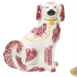 Two pairs of brass candlesticks, brass bird and bowl, and Staffordshire dog (7)