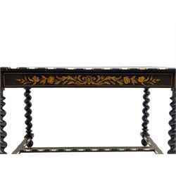 19th century Dutch marquetry centre table, rectangular top with bone inlaid edge profusely inlaid with satinwood, fruitwood and amboyna, central urn flanked by fruit cornucopias, trailing foliate and flower head motifs, fitted with single frieze drawer, the frieze rails with matched inlays, spiral turned ebonised supports joined by H-shaped stretchers with bone inlay, on turned bun feet