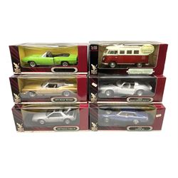 Road Signature - six 1:18 scale die-cast models comprising 1979 Pontiac Firebird Trans Am; 1975 Jaguar XJS; 1971 Buick Riviera; 1985 Pontiac Fiero GT; 1970 Dodge Coronet R/T; all Deluxe Editions; and 1962 Volkswagen Microbus; all boxed (6)