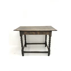 18/19th century oak side table, bobbin turned supports joined by stretchers