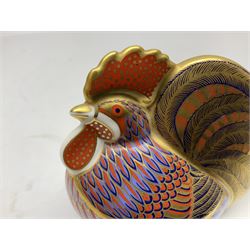Two Royal Crown Derby paperweights modelled as a cockerel and hen, both with gold stoppers, tallest H10cm