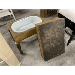Victorian ebonised adjustable piano stool, stuffed seat over ring turned supports United by H-stretcher (W51cm D35cm H55cm); 19th century satinwood bidet or baby bath, rectangular boxed top concealing ceramic bath, raised on turned supports (W57cm D37cm H47cm) - THIS LOT IS TO BE COLLECTED BY APPOINTMENT FROM THE OLD BUFFER DEPOT, MELBOURNE PLACE, SOWERBY, THIRSK, YO7 1QY