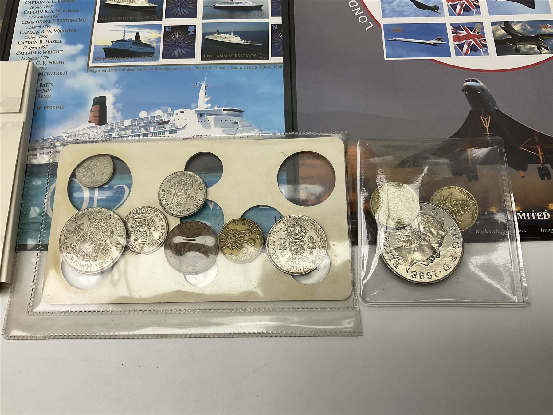 Coins and stamps, including The Royal Mint Great Britain 1970 coin set in plastic holder, 2006 'Brunel' coin cover containing two commemorative two pound coins, Alderney 2006 sterling silver proof five pounds, two 2007 five pound coins in card folders, two limited edition mint first class stamp sheets each comprised of ten first class stamps, various first day covers many with special postmarks housed in 'Royal Mail' boxes etc