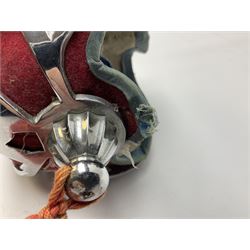 Reproduction Scottish basket hilted broadsword with 85cm double edged steel blade and red lined basket hilt with wire bound grip, in white metal mounted leather scabbard 107cm overall