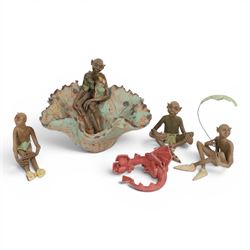 Joan Bideau dish, modelled as a leaf with seated goblin figure, together with three others...