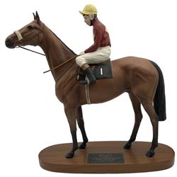 Beswick Connoisseur Red Rum with jockey Brian Fletcher up,  no.2511, upon wooden plinth base with metal plaque, H34cm