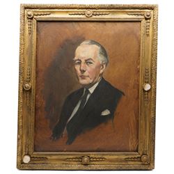 Brenda Bury (British 1932-): Members of European Parliament - 'Sir Stanley James Allen Hill' 'Sir Douglas Dodds-Parker' 'Sir William John Peel' 'Sir Brandon Meredith Rhys-Williams 2nd Baronet' 'Sir Tom Normanton' and 'John Hill MP', set of six oils on canvas signed with initials, in matching frames, 76cm x 59cm (6) Provenance: Property of a Nobleman.