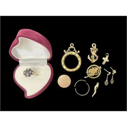 9ct gold jewellery, including sapphire and diamond cluster ring, 'Good Luck' anchor sweetheart brooch, two charms and a pair of stud earrings, together with a 15ct gold brooch commemorating the Battle of Ypres, Berwick Cycling Club medal and a gold wreath pendant