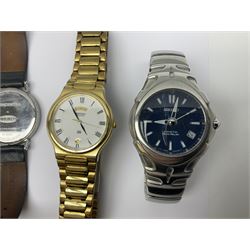 Seiko 5 automatic wristwatch Cal. 7009A, black dial with day-date aperture, Seiko Kinetic auto relay wristwatch and four other watches (6)