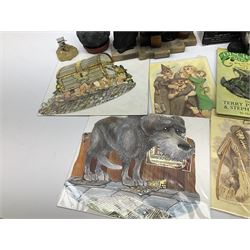 Terry Pratchett Discworld figures, designed by Clarecraft, comprising Death and Granny Weatherwax, DW90, Deathhead DWE8, Dried-frog pill box, boxed, DW63, Death as Beau Nidle, boxed, DW88, Agnes Nitt DW68, Detritus, DW22, Bonsai mountain, DW78, Volcanic bonsai mountain, boxed, DW79, Bonsai mountain valley, DW80, together with the Discworld mapp, and a collection of Terry Pratchett cards.  