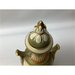 Early 20th century Royal Worcester vase decorated by Harry Davis, of ovoid form with twin acanthus mounted handles and waisted high neck supporting a domed cover, upon a circular foot, the body hand painted with sheep in a highland landscape, signed H Davis, with puce printed marks beneath including shape number 2425, and date code for 1907, H27.5cm