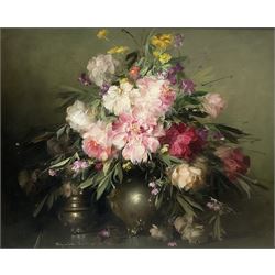 Continental School (20th century): Still Life of Flowers in a Pewter Vase, oil on canvas indistinctly signed and dated '72, 60cm x 75cm
Provenance: with Omell Galleries, Bury Street, St. James's, London, label verso