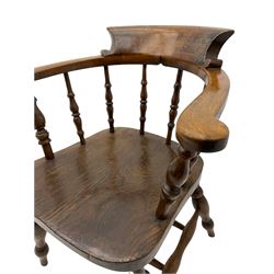 19th century beech and elm smoker's bow armchair, spindle back, turned supports joined by double H stretcher 