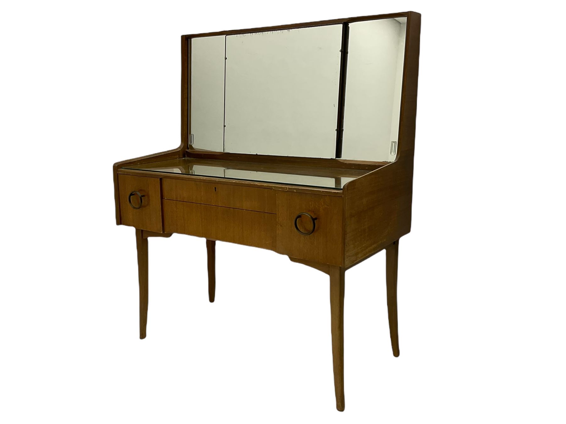 Retro sapele mahogany dressing table with sliding mirror compartments, and matching tallboy