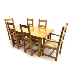 Light oak rectangular dining table with two leaves, square supports joined by floor stretcher (W280cm, H77cm, D90cm) and set six (4+2) ladder back chairs, rush seat (W60cm)
