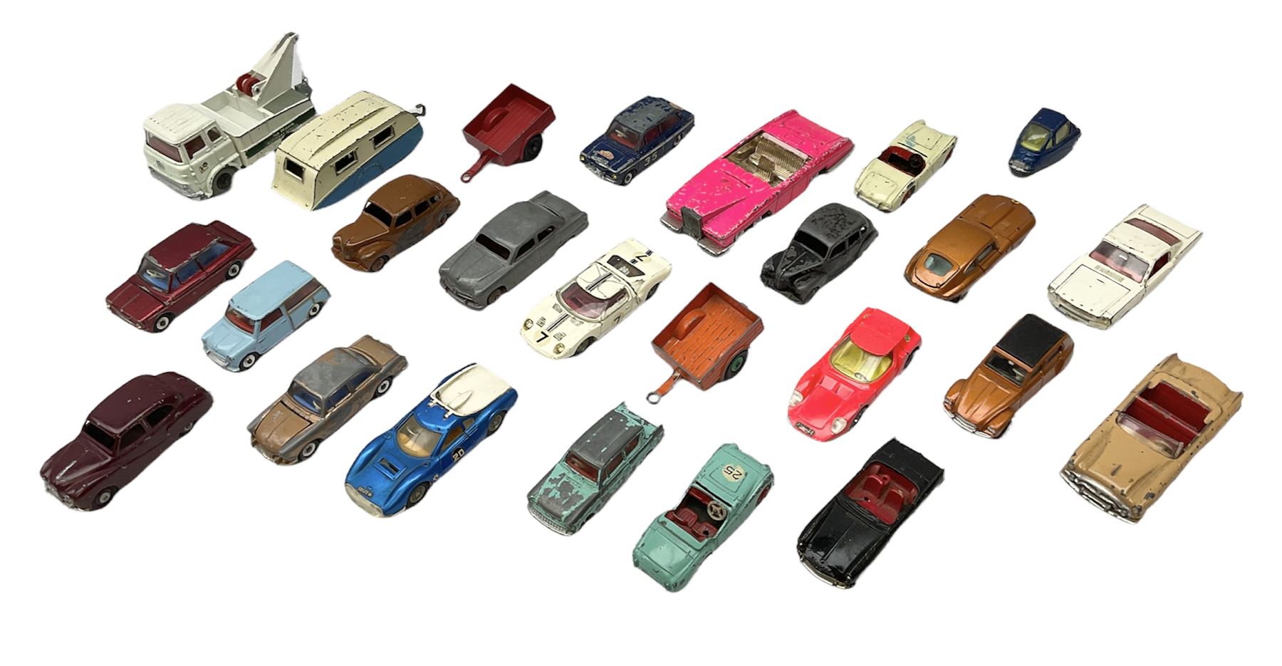 Dinky - twenty-five unboxed and playworn die-cast models including Lady Penelope FAB1, Caravan, Ford Sedan, Triumph TR2, Packard, Austin Somerset, Devon, Healey and Seven Countryman etc (25)