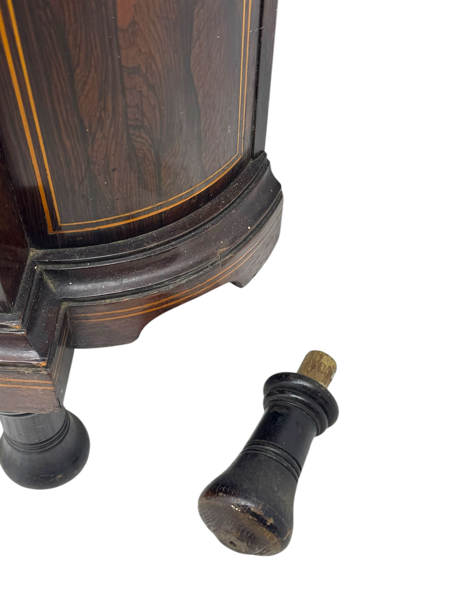 Late 19th century inlaid rosewood free standing corner display cabinet, the upper section featuring a mirrored panel above an inlaid cupboard with a felt-lined interior, complemented by a recessed open compartment with a mirrored back, the base with a glazed door enclosing two felt-lined shelves, on turned supports