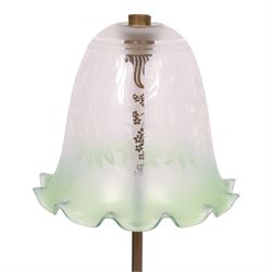 Early 20th century brass table uplight lamp with etched glass shade with fluted rim, H76cm
