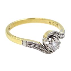 Gold single stone diamond ring, with diamond set crossover shoulders, stamped 18ct Plat