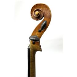 German violin c1900, copy of a Maggini, with 36cm two-piece maple back and ribs and spruce top, 59.5cm overall; in ebonised wooden 'coffin' case with nickel mounted pernambuco bow