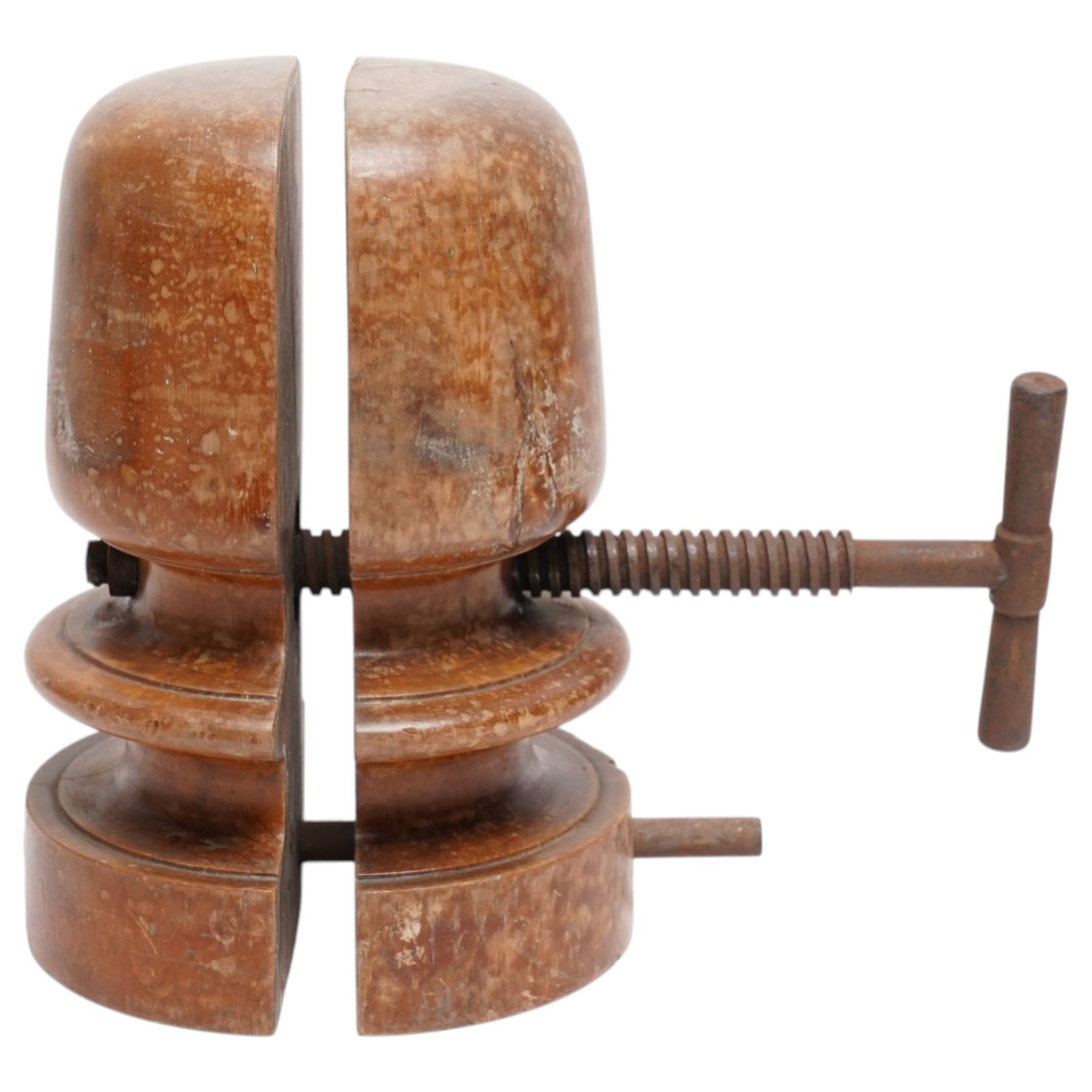 20th century wooden hat stretcher with metal screw adjustment mechanism