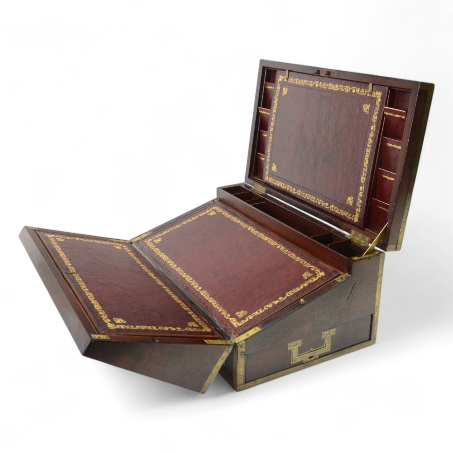 19th century brass bound mahogany writing slope with twin drop carry handles to sides, the hinged cover opening to reveal a  gilt tooled burgundy leather slope and compartmented interior, H22xm W50.5cm D30cm