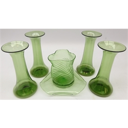  Set of four glass vases and another of pinched form on stand, attributed to Powell, H15.5cm   
