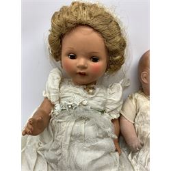 Seyfarth & Reinhardt composition head baby doll with moulded hair, sleeping flirty eyes, open mouth with one tooth and tongue and soft body with composition jointed limbs, marked 'SuR Germany 30/5' H47cm; together with a Golborne Dolls 'Golborne Beauty' composition head and body bride doll, marked 'F.P.23' in original box H63cm (2)