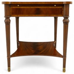 Maitland Smith - Pair of mahogany side tables, the rectangular top with rounded corners, the top edge inlaid with movingui wood, above two under-tier shelves, and frieze drawer, supported on stop-reed and acanthus foliate carved legs united by platform stretcher, raised on brass sabot foot caps