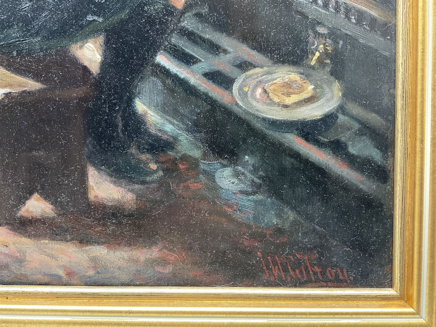 John William Gilroy (Newcastle 1868-1944): 'Granny Toast', oil on panel signed, original title label verso 40cm x 32cm