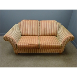  Two seat sofa upholstered in red and gold stripe fabric, W188cm, D96cm - 18 months old  